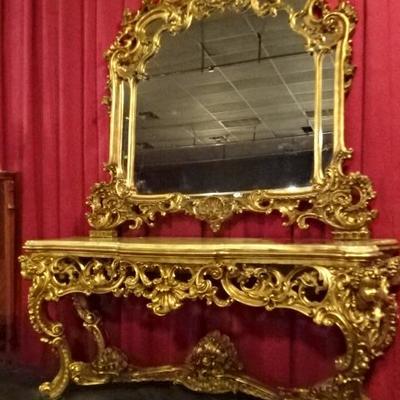 MONUMENTAL ROCOCO GILT WOOD CONSOLE TABLE WITH ONYX TOP AND MIRROR - 8 FT WIDE