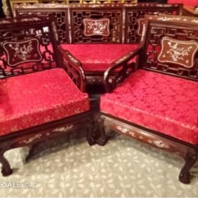CHINESE ROSEWOOD AND MOTHER OF PEARL INLAID ARMCHAIRS