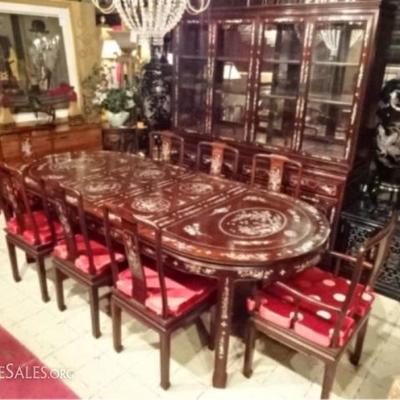 CHINESE ROSEWOOD AND MOTHER OF PEARL INLAID DINING TABLE WITH 8 CHAIRS, 