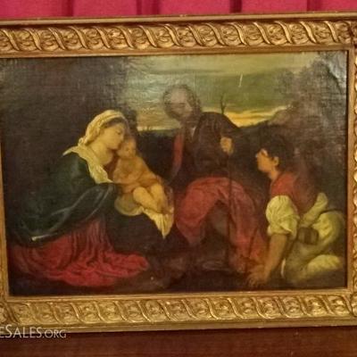 18TH OR 19TH CENTURY OIL PAINTING ON CANVAS, MARY, JOSEPH, JESUS, AND SHEPHERD BOY, UNSIGNED, GOOD CONDITION WITH MINOR LOSS OF PAINT SEE...