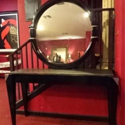 MODERN BLACK ENAMEL CONSOLE TABLE WITH ROUND MIRROR