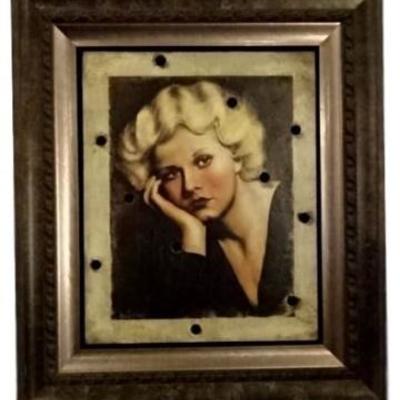 LARGE BILL MACK SIGNED PAINTING - PORTRAIT OF JEAN HARLOW MOUNTED ON PIECE OF THE ORIGINAL HOLLYWOOD SIGN