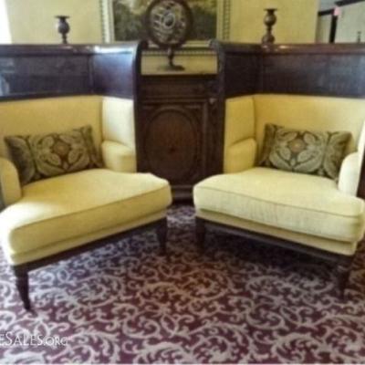PAIR DRAMATIC HIGH BACK ARMCHAIRS WITH DUAL CANE ACCENTS AND YELLOW UPHOLSTERY