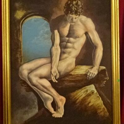LARGE OIL ON CANVAS PAINTING, SEATED MALE NUDE