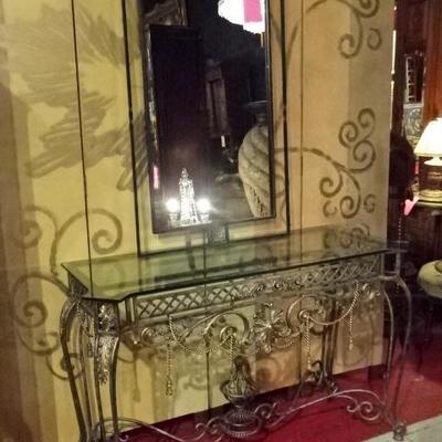 ORNATE METAL CONSOLE TABLE WITH HOLLYWOOD REGENCY STYLE ROPE AND TASSEL MOTIF