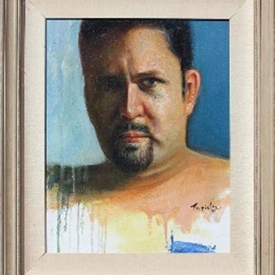GUILLERMO PORTIELES (CUBAN, B. 1963) OIL ON CANVAS PAINTING, SELF PORTRAIT, SIGNED LOWER RIGHT