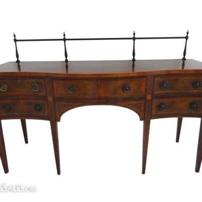 REGENCY STYLE MAHOGANY SIDEBOARD, SERPENTINE FRONT, BRASS RAIL AND DRAWER PULLS, INLAID DESIGNS, TAPERED LEGS, VERY GOOD CONDITION WITH...