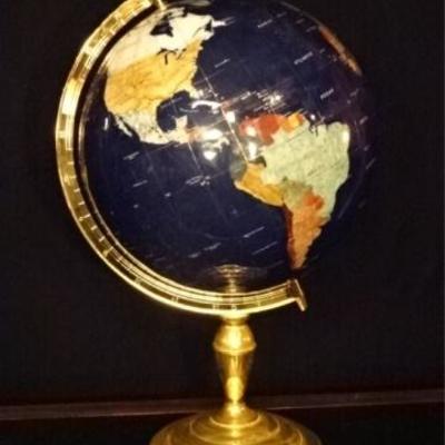 SEMI PRECIOUS STONE GLOBE OF THE WORLD, ON BRASS STAND, VERY GOOD CONDITION, 22