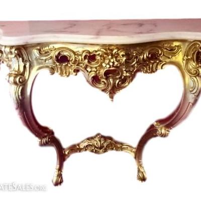 ROCOCO GILT METAL AND MARBLE CONSOLE TABLE (WALL MOUNT BASE)