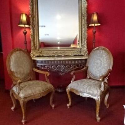 PAIR GEORGIAN STYLE ARMCHAIRS, OVAL BACKS, TAUPE UPHOLSTERY, #1 OF 2 IDENTICAL PAIRS (EACH PAIR SOLD SEPARATELY), VERY GOOD LIGHTLY USED...
