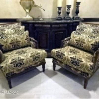 PAIR NEOCLASSICAL ARMCHAIRS, BANDED REED DESIGN WOOD FRAMES, UPHOLSTERED SEATS AND BACKS WITH 2 PILLOWS, #1 OF 2 IDENTICAL PAIRS...