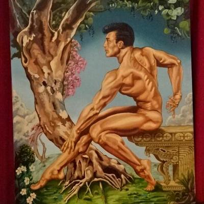 LARGE ALBERT CARUS SIGNED OIL PAINTING ON CANVAS, SEATED MALE NUDE