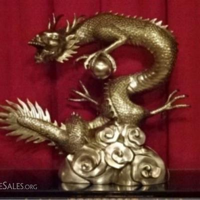 HUGE BRONZE CHINESE DRAGON SCULPTURE, SILVER PATINA, CLUTCHING THE PEARL OF WISDOM IN ONE CLAW, PLUMBED FOR OPTIONAL USE AS FOUNTAIN,...
