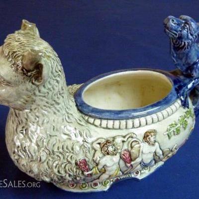 EARLY TWENTIETH CENTURY VENETIAN POT ADORNED WITH FAWN AND SATYR MARKED IN THE BOTTOM WITH SEAL, MARKED VENETIA ON BASE, APPROX 9