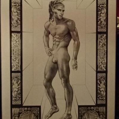 LARGE ALFRED CARUS PRINT, MALE NUDE, CENTRAL AMERICAN MOTIF, SIGNED AND DATED IN THE PLATE, VERY GOOD CONDITION, FRAMED SIZE 46
