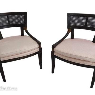 PAIR VINTAGE NEOCLASSICAL BLACK ENAMEL ARMCHAIRS WITH CANE BACKS AND GOLD GILT ACCENTS