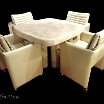 MID CENTURY MODERN MARBLE VENEER GAME TABLE WITH 4 PEARLIZED LEATHER ARMCHAIRS ON CASTERS