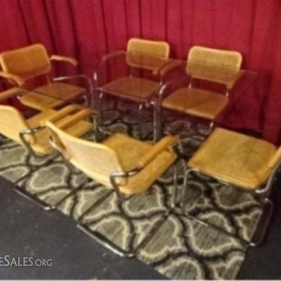 MARCEL BREUER STYLE CHROME DINING TABLE WITH 6 CHAIRS