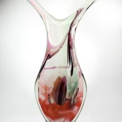 LARGE LUZORO ART GLASS VASE, MULTICOLOR WITH GOLD, SIGNED MICHELE LUZORO ON BASE, APPROX 14.75