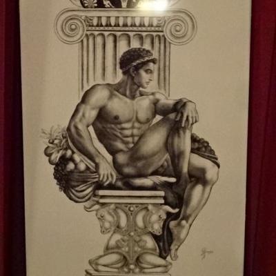 LARGE ALFRED CARUS PRINT, GREEK GOD APOLLO, SIGNED AND DATED IN THE PLATE, VERY GOOD CONDITION, FRAMED SIZE 46