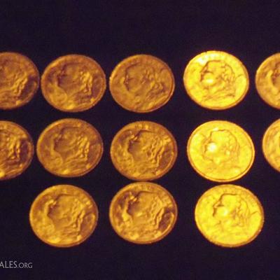 13 - 1947 Swiss Helevtia 20 franc Gold coins