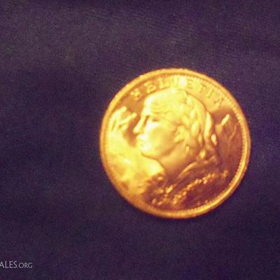Close up of the 1947 Swiss Helevtia 20 franc Gold coin