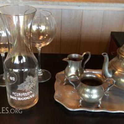 MHE051 William Berg Stieff Pewter Tea Set & Wine Carafe
