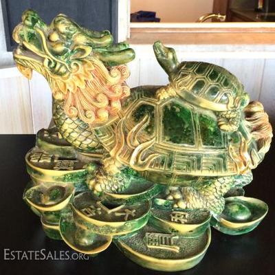 MHE058 Vintage Stone Lucky Dragon with Coins
