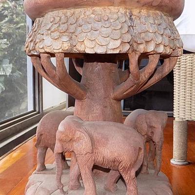 MHE001 Ornate Hand Carved Wooden Elephants Side Table
