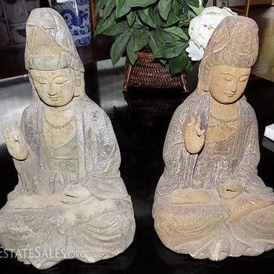 MHE021 Pair of Carved Wooden Oriental Goddesses
