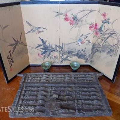 MHE025 Antique Oriental Screen & African Door, Jade Bowls
