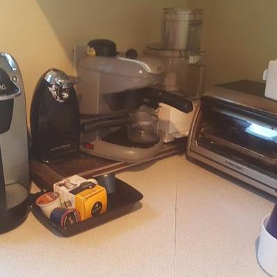 Keurig coffee maker, espresso coffee maker, food processor, can opener and toaster oven