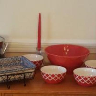 Salad bowl and bowls, candlesticks, servingware