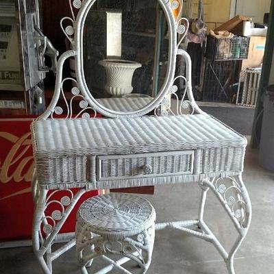 Wicker Vanity with Mirror and Stool