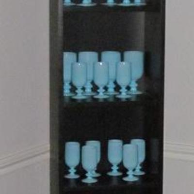 Espresso Finish Stove Pipe Shelf Unit (6 Adjustable Shelves) 1 of 2 Shown.  Portieux Vallerysthal Blue Opaline Goblets:  Water (10), Iced...
