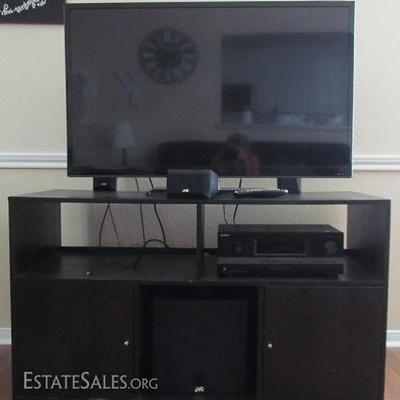 Black TV/Entertainment Stand with an LG 47" Flat Screen 2012 TV  (#47LS4600) and a JVC Speaker System: Subwoofer mdl#SP-PWA-350 w/4...