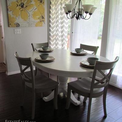 Breakfast Room shown with Crate and Barrel White Paint Oak Pedestal Table and 4 Gray Paint Side Chairs