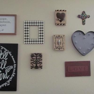Wall Grouping with Bible Verse Frame Print, Black and White Canvas Print, and other various wall art. 
