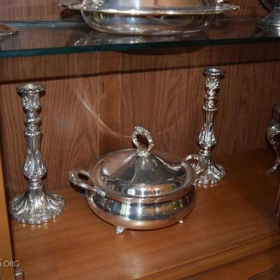 silver-plated dish and candlesticks 