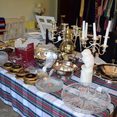 serving dishes and silver plated candlesticks 