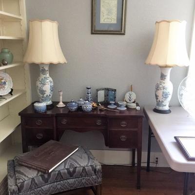 Cute writing desk, ottoman, pair of blue and white lamps