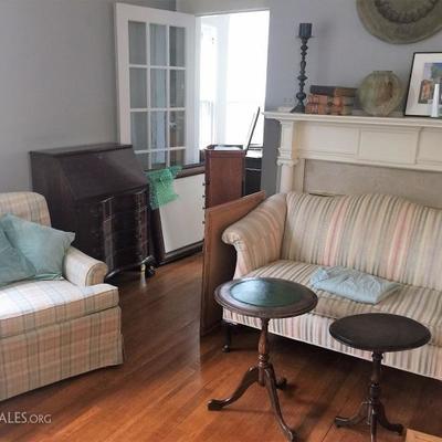 Loveseat, side chair, and a jewelry armoire.