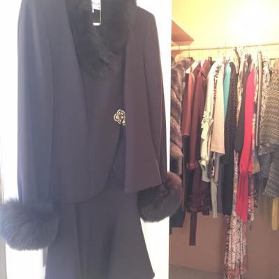 Stunning suit by Lilly and Taylor, Long jacket with fox fur trim, mermaid skirt.  Size 8