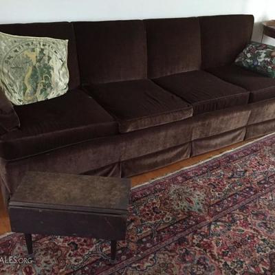 Brown Sofa and small vintage drop leaf table
