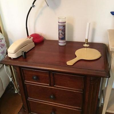 End Table, Lamp, vintage telephone and hand mirror