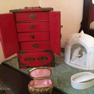 Jewelry Armoire and boxes, Nativity light
