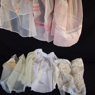 Sweet Hostess Apron Lot:  of 6 hostess aprons; handmade pink organdy trimmed with mini pink & white gingham bias tape with 1 pocket;...