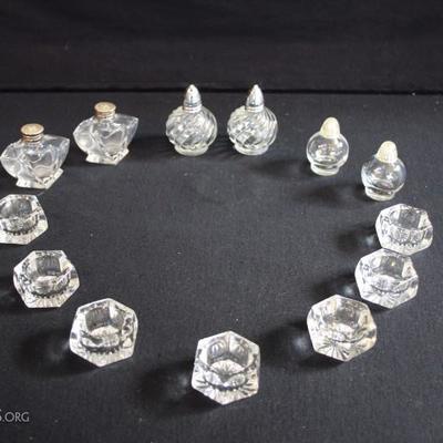 Clear Salt & Pepper Shakers & Salt Cellar: 2.25" round S&P with plastic lids, marked Irice NY; 2.75" swirled...