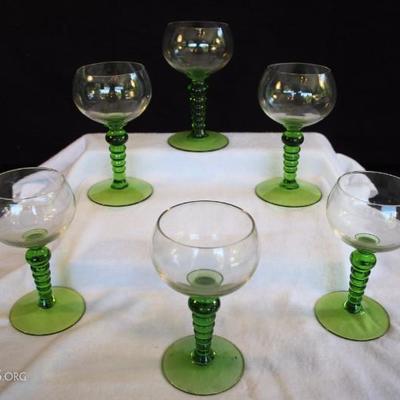 6 Green Stemmed Crystal Wine Glasses:  with clear crystal bowl and green stems (6