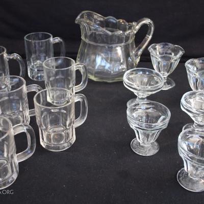 13 Piece Ice Cream Parlor Set:  all clear glass, one 2 quart pitcher 6.5" tall, four Hazel Atlas 8 ounce 3.75" mugs; two 12...